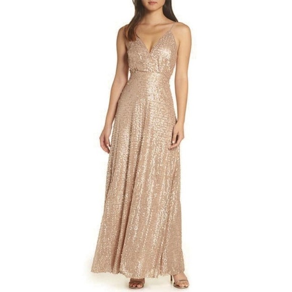 Lulu’s Gold Sequin Maxi Dress V-Neck Front Small - Picture 1 of 12